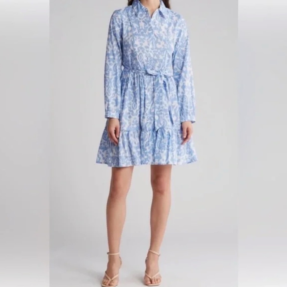 Ellen Tracy Light Blue Floral Long-Sleeve Shirt Dress